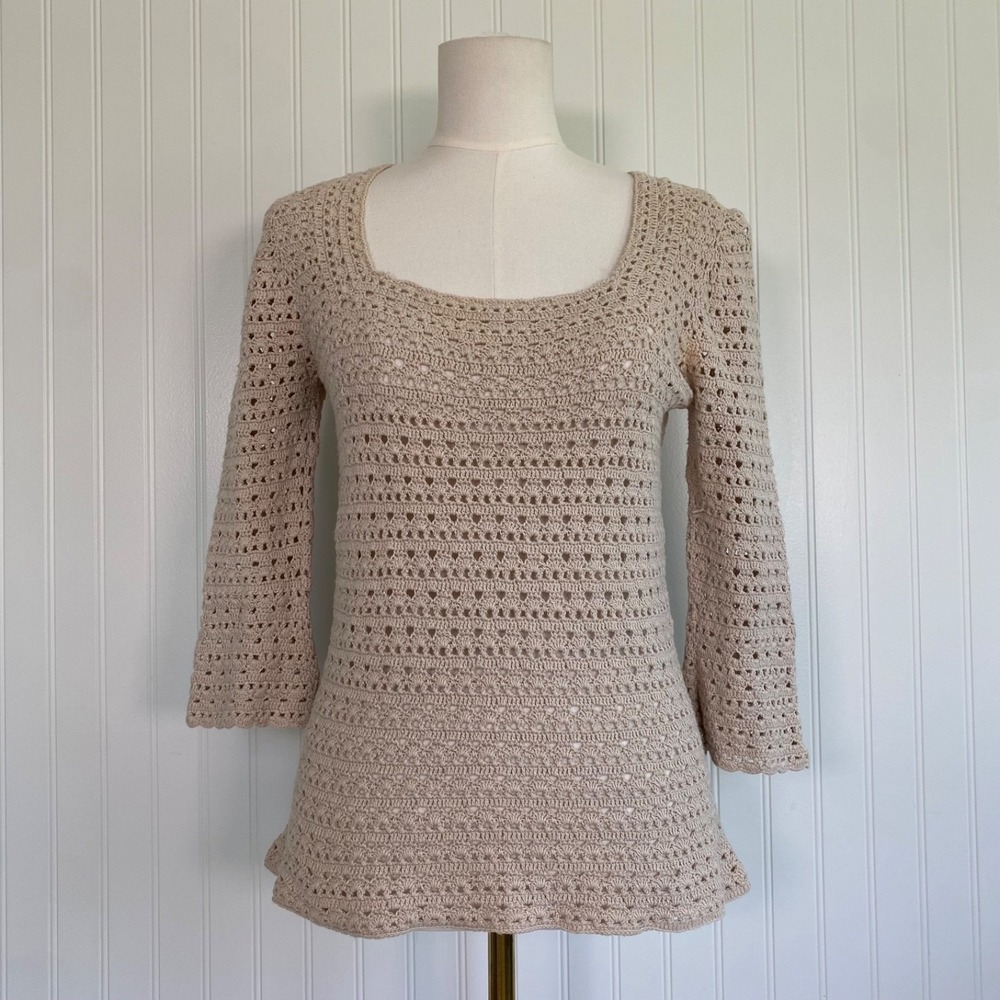 Vintage Gap Womens Crochet Open Knit Top Size M Cotton Linen Blend Boho Festival